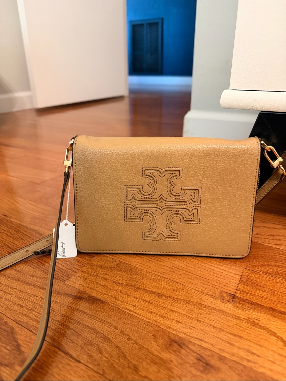 Tory Burch Caramel/Tan Leather Crossbody with Stitched Logo
